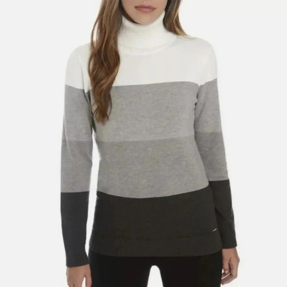 Calvin Klein Colorblock Striped Turtleneck Sweater in Grays & White-large NWOT - Picture 1 of 7